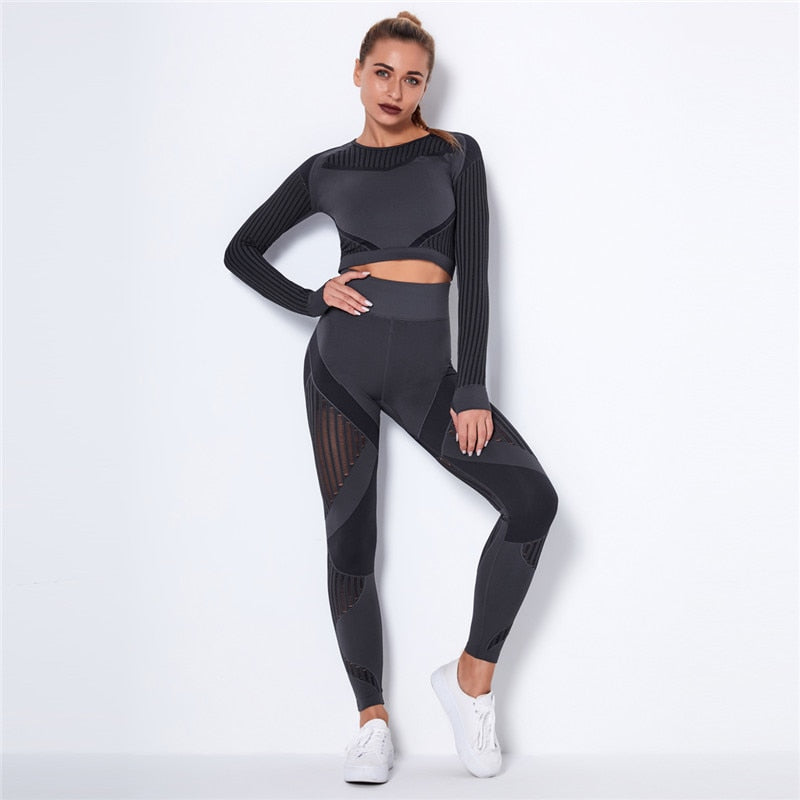 Ensemble de Sport Femme Sans Coutures – Legging Taille Haute & Crop Top Manches Longues