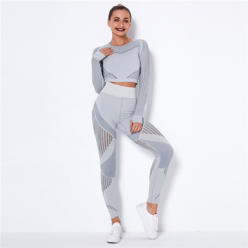 Ensemble de Sport Femme Sans Coutures – Legging Taille Haute & Crop Top Manches Longues