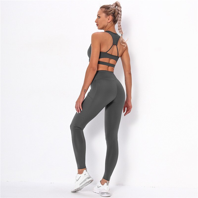Ensemble de Sport Femme Côtelé – Brassière & Legging Taille Haute avec Poches
