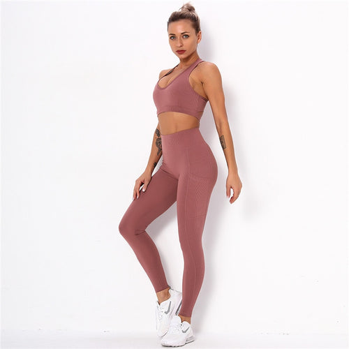 Ensemble de Sport Femme Côtelé – Brassière & Legging Taille Haute avec Poches