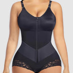High Waist Lace Trim Shapewear Brief with Thin Straps, Front Zip Diagonal Elastic Waist