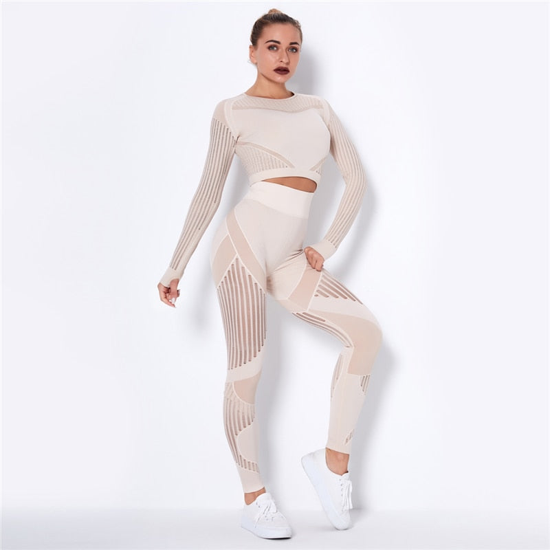 Ensemble de Sport Femme Sans Coutures – Legging Taille Haute & Crop Top Manches Longues