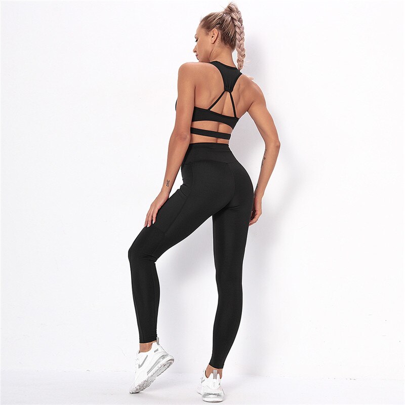 Ensemble de Sport Femme Côtelé – Brassière & Legging Taille Haute avec Poches