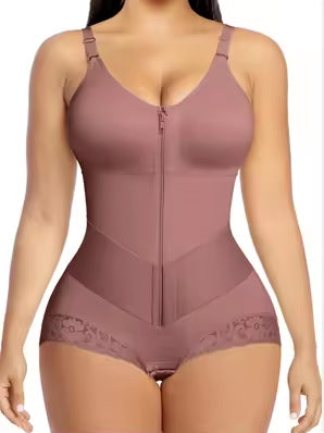 Culotte gainante taille haute avec bordure en dentelle et fines bretelles, fermeture éclair avant et taille élastique diagonale