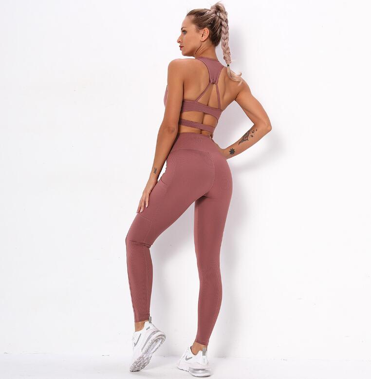 Ensemble de Sport Femme Côtelé – Brassière & Legging Taille Haute avec Poches