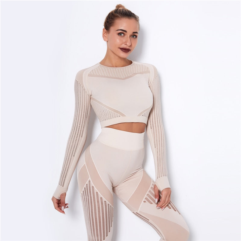 Ensemble de Sport Femme Sans Coutures – Legging Taille Haute & Crop Top Manches Longues
