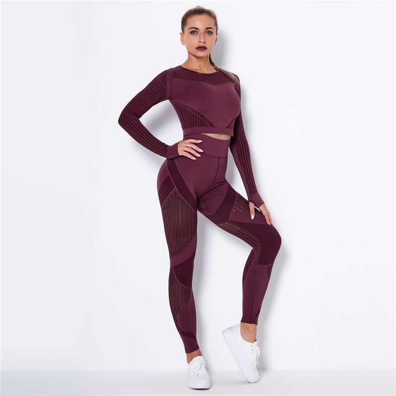 Ensemble de Sport Femme Sans Coutures – Legging Taille Haute & Crop Top Manches Longues