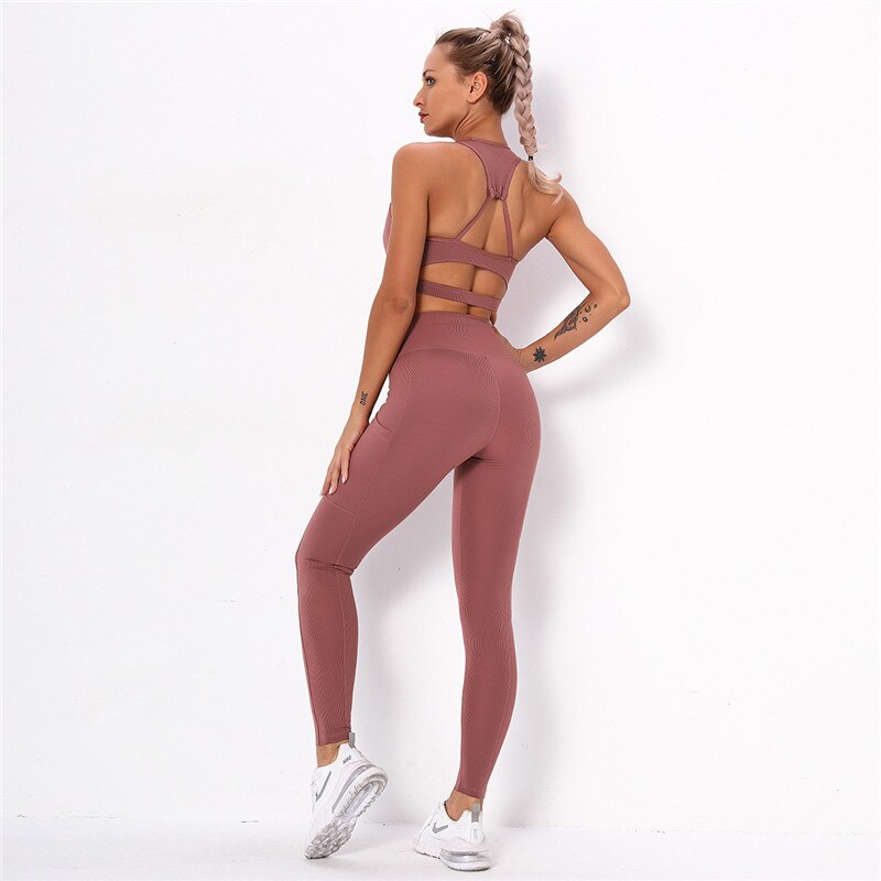 Ensemble de Sport Femme Côtelé – Brassière & Legging Taille Haute avec Poches