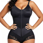 High Waist Lace Trim Shapewear Brief with Thin Straps, Front Zip Diagonal Elastic Waist