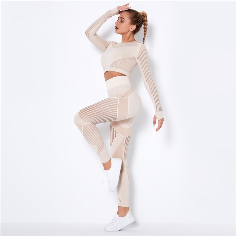 Ensemble de Sport Femme Sans Coutures – Legging Taille Haute & Crop Top Manches Longues