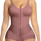 High Waist Lace Trim Shapewear Brief with Thin Straps, Front Zip Diagonal Elastic Waist
