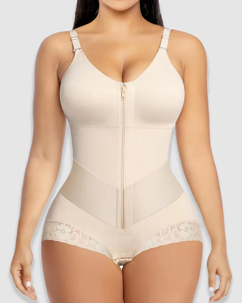Culotte gainante taille haute avec bordure en dentelle et fines bretelles, fermeture éclair avant et taille élastique diagonale