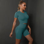 Peach buttocks solid color high elasticity yoga short sleeved shorts set fitness two-piece set