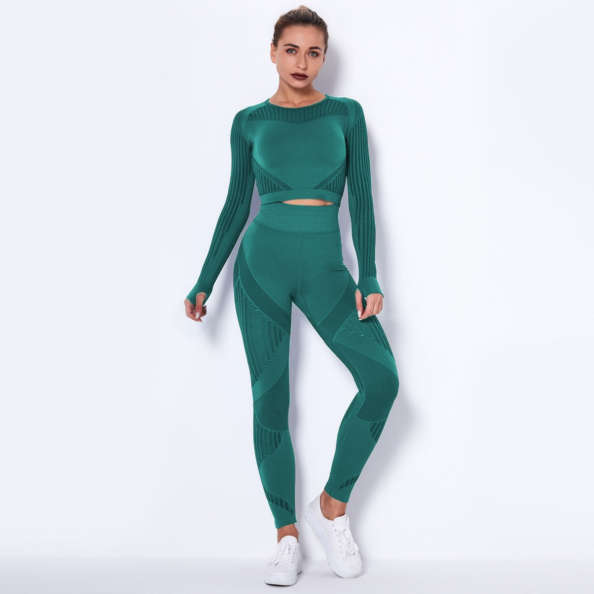 Ensemble de Sport Femme Sans Coutures – Legging Taille Haute & Crop Top Manches Longues