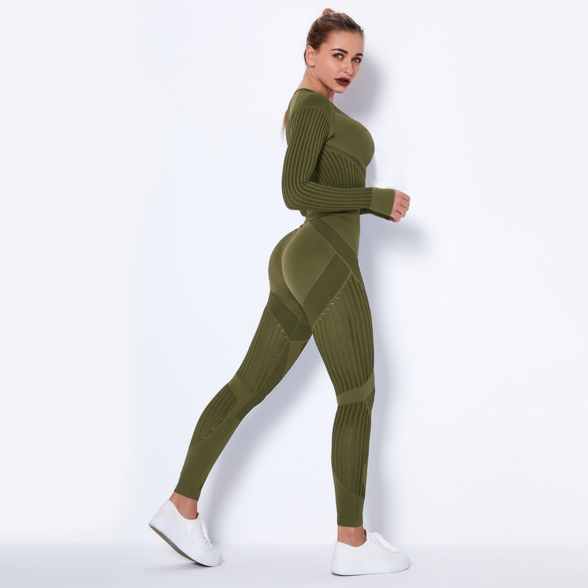 Ensemble de Sport Femme Sans Coutures – Legging Taille Haute & Crop Top Manches Longues