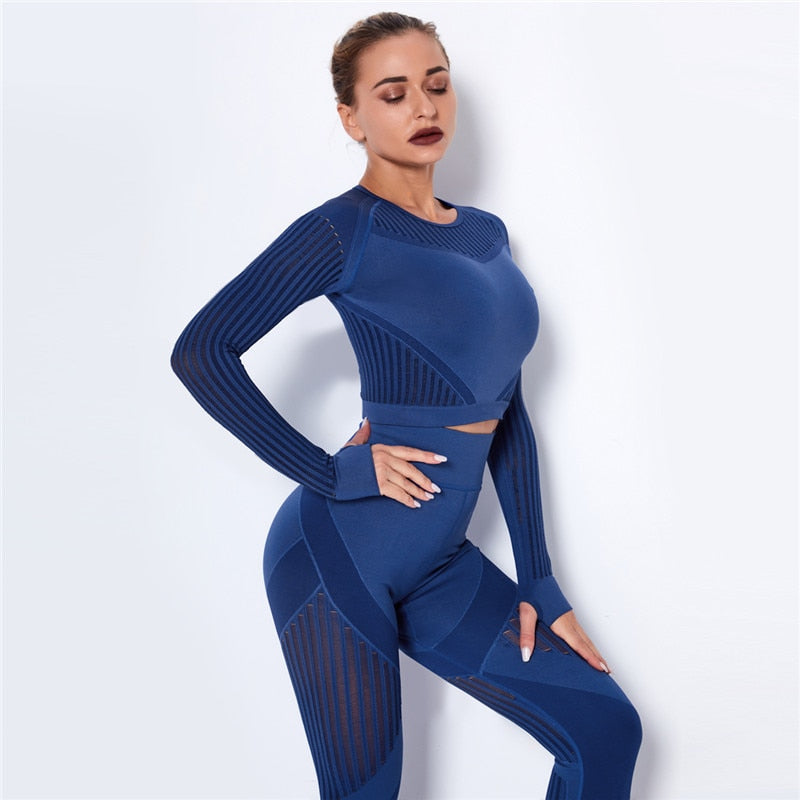 Ensemble de Sport Femme Sans Coutures – Legging Taille Haute & Crop Top Manches Longues