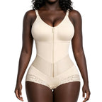 High Waist Lace Trim Shapewear Brief with Thin Straps, Front Zip Diagonal Elastic Waist