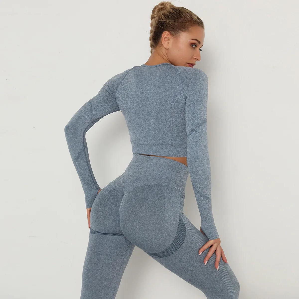 Ensemble de Sport Femme Sans Coutures – Legging Taille Haute & Crop Top Manches Longues
