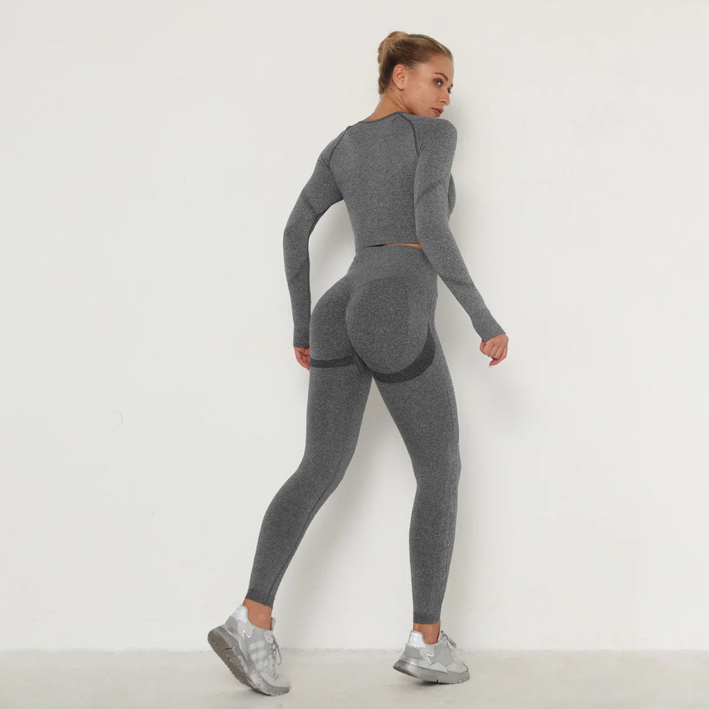 Ensemble de Sport Femme Sans Coutures – Legging Taille Haute & Crop Top Manches Longues