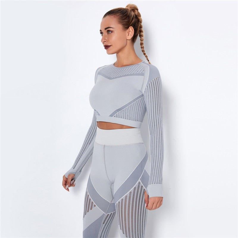 Ensemble de Sport Femme Sans Coutures – Legging Taille Haute & Crop Top Manches Longues