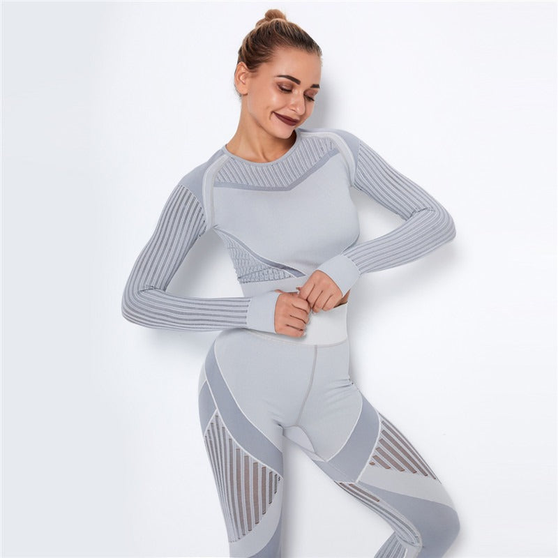 Ensemble de Sport Femme Sans Coutures – Legging Taille Haute & Crop Top Manches Longues