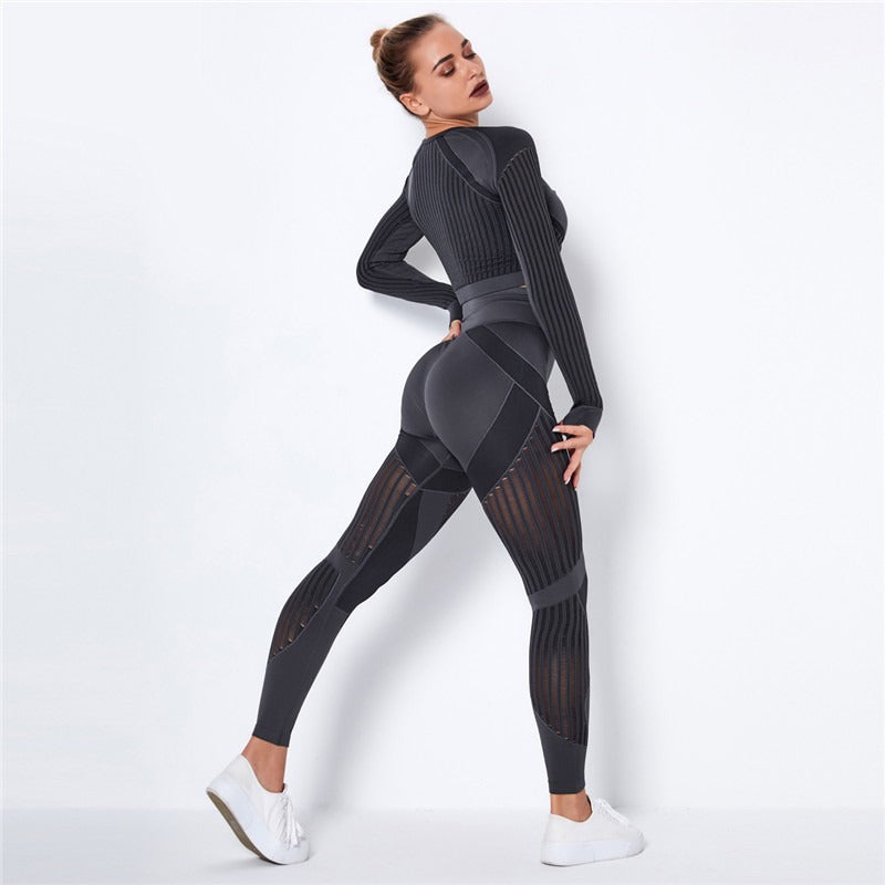 Ensemble de Sport Femme Sans Coutures – Legging Taille Haute & Crop Top Manches Longues