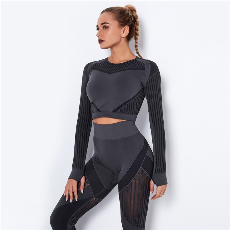 Ensemble de Sport Femme Sans Coutures – Legging Taille Haute & Crop Top Manches Longues