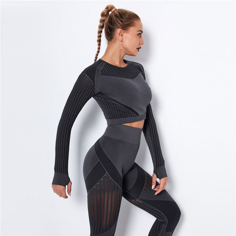 Ensemble de Sport Femme Sans Coutures – Legging Taille Haute & Crop Top Manches Longues