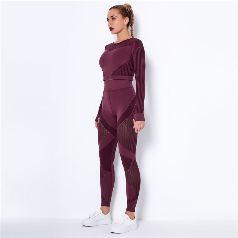 Ensemble de Sport Femme Sans Coutures – Legging Taille Haute & Crop Top Manches Longues