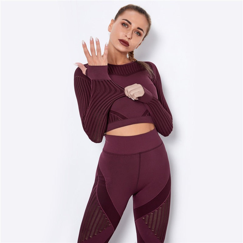 Ensemble de Sport Femme Sans Coutures – Legging Taille Haute & Crop Top Manches Longues