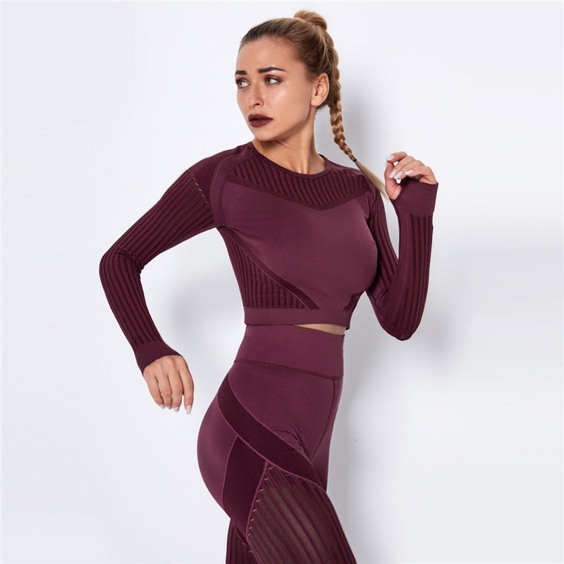 Ensemble de Sport Femme Sans Coutures – Legging Taille Haute & Crop Top Manches Longues